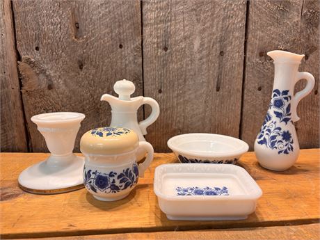 Vintage Avon Milk Glass Vanity Set – "Delft Blue" Floral Pattern FC