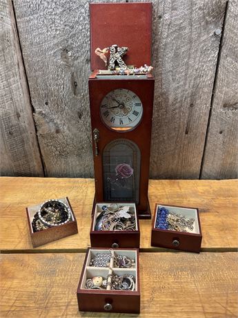 Miniature Grandfather-style Clock Jewelry Box & Unsearched Costume Jewelry 18