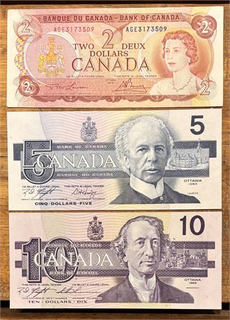 Vintage Canadian Banknote Set: 1974 $2 (Scenes of Canada) & 1986/89 $5, $10 DC