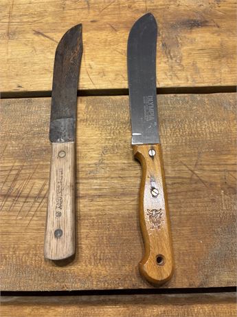 2 Vintage Butcher Knives: Japanese Olympia (Bull Logo) & USA Old Hickory OKC FC