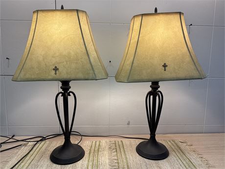 Pair of Rustic Wrought Iron Style Table Lamps with Parchment Bell Shades OA