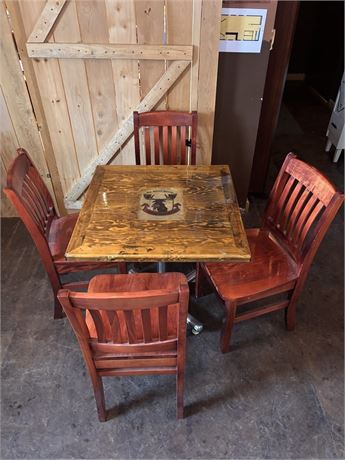 Swamp donkey pedestal table with four cherry wood chairs P
