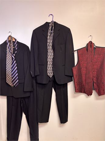 Men’s Formal Wear: (2) Black Suits & (1) Paisley Vest Set w/ Ties | 10