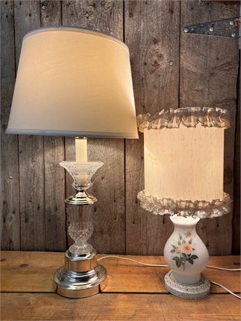 Vintage Table Lamp Duo: Elegant Cut Glass & Mid-Century Milk Glass Floral PairOA