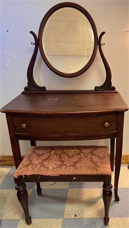Antique Edwardian-Style Mahogany Vanity with Harp-Support Mirror and bench OA