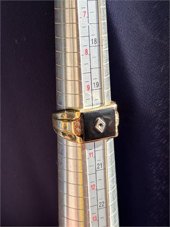 Vintage Men's Signet Ring – 18K Gold Plated with Black Onyx and "Diamond" DC