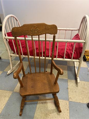 Vintage Child’s Nursery Set: Hand-Painted Wooden Rocking Chair & Spindle OA