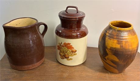 Vintage Pottery Lot: McCoy "Harvest" Canister, Antique Stoneware Pitcher & 15