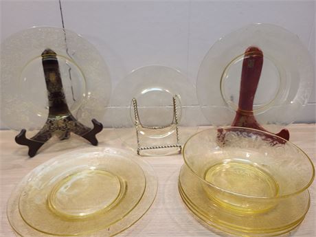 Vintage Yellow Etched Depression Glass Set 14