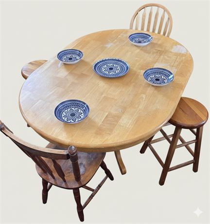 Vintage Solid Wood Pedestal Dining Set – Table, 2 Stools & 2 Chairs P