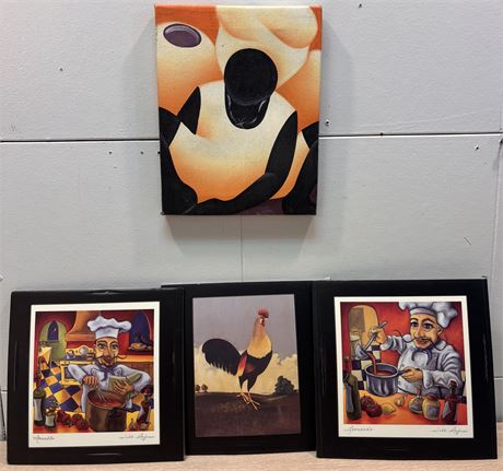 Signed Will Rafuse Chef Prints & Paul Kitchin Folk Art Rooster FS
