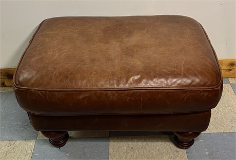 Mid-Century Style Distressed Brown Leather Footstool / Cocktail Ottoman OA