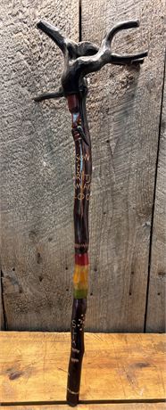 Vintage Hand-Carved Jamaican Folk Art Walking Stick - Rasta Colors & Face FC