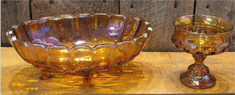 Marigold Carnival Glass Pedestal Candy Dish & Footed Serving Bowl FS