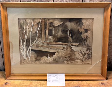 Vintage Mid-Century Wash and Ink Landscape "Bridge in the Forest" 15