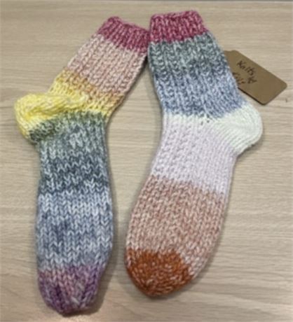 Custom Hand-Knit Thick Slipper Socks - Rainbow Variegated Yarn - Size 7-9 13FR