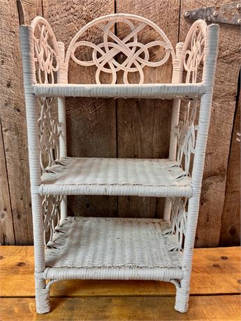 Vintage Boho White Wicker Tiered Shelf – Ornate Knot Detail OA