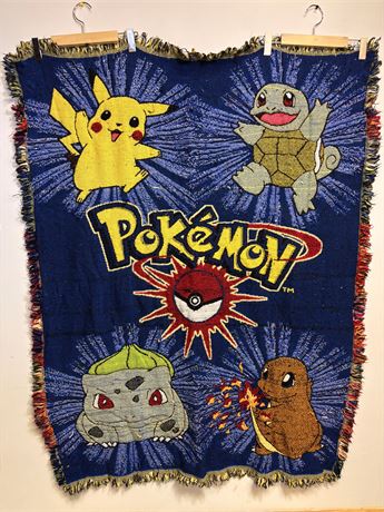 Rare Vintage 90s Pokémon Woven Tapestry Throw Blanket - Pikachu & Kanto Starter3