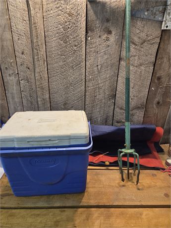 Vintage Coleman Cooler, Canvas Camping Gear & Garden Cultivator 13