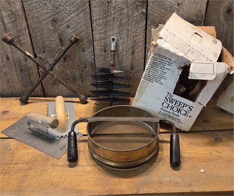 Vintage Chimney Sweep & Masonry Tool Lot: Sweep's Choice Brush, Sieve, & Trowels