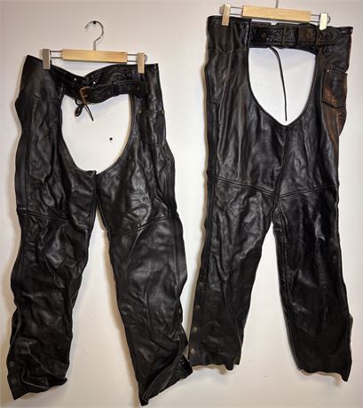 Vintage Screamin' Eagle Black Leather Motorcycle Chaps - Size Sm/Lg 15
