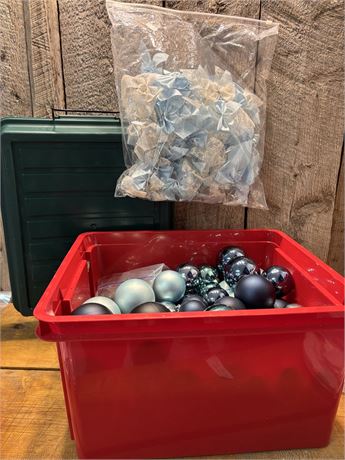 70+ Blue & Silver Christmas Ornament Set - Plastic Baubles, Fabric Bows 20
