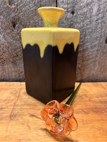 Mid-Century Modern Drip Glaze Ceramic Vase with Hand-Blown Art Glass Rose DC TOP