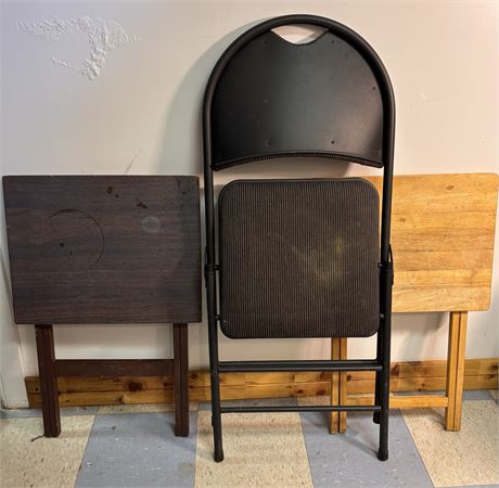 Vintage Folding Furniture Set – 2 Wooden TV Tray Tables & 1 Padded Folding OA