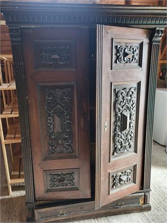 Antique Ornate Carved Oak Armoire G