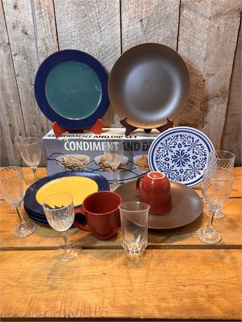 Assorted Eclectic Tableware - IKEA Plates, Glassware, KOVOT Set, & Mugs
