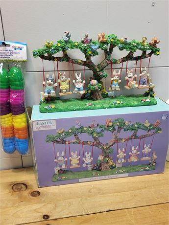 Easter Jubilee Bunnies Swinging Figurine and Plastic Eggs