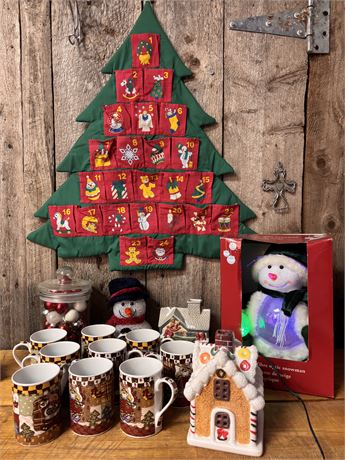 Light-Up Fiber Optic Snowman, Advent Calendar, Mugs & Ceramic Gingerbread Tea