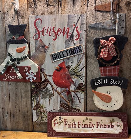 4 Rustic Christmas & Winter Wall Decor Signs – Snowmen & Cardinals