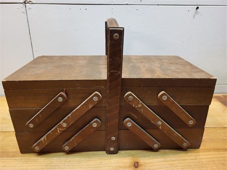 Vintage Wooden Cantilever Sewing Box with Contents