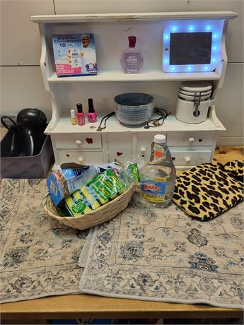 Vintage White Wooden Vanity Shelf Unit with Accessories