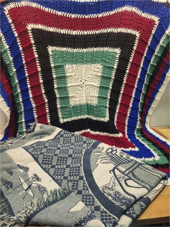 ​Vintage Crochet Afghan Blanket & Woven Golf Theme Fringed Throw Pair 9