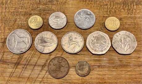 Vintage International Coins - 11 World Coins, Silver-Tone & Bronze-Tone