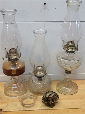 Vintage & Antique Clear Glass Kerosene Oil Lamps & Parts Lot