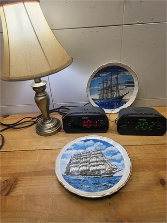 ​Timex Dual Alarm Clocks Brass Table Lamp & Vintage Tall Ship Plate Set 13