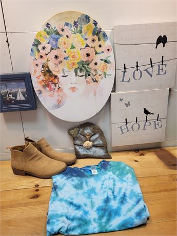​Variety Home Decor & Apparel Estate Collection - Wall Art, Boots, Tie-Dye Shirt