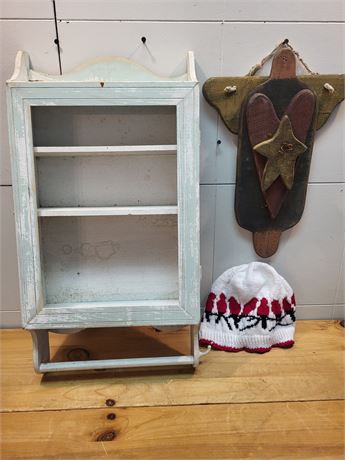 Vintage Distressed Cabinet, Primitive Angel and Toque