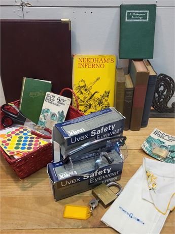 Vintage Hardcover Book & Collectibles Lot - Cast Iron Bookend, Padlocks
