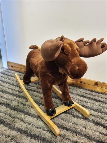 Vintage Plush Rocking Moose Toy with Wooden Base