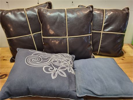 ​Decorative Throw Pillow Set: Faux Leather & Embroidered Accents