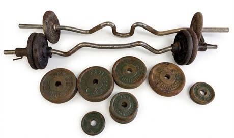 Vintage York Barbell Cast Iron Weight Set – (2) EZ Curl Bars & Assorted Green