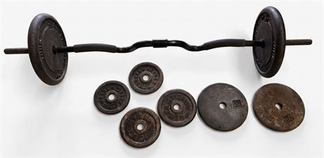 Vintage York Threaded EZ Curl Barbell & Cast Iron Weight Plates