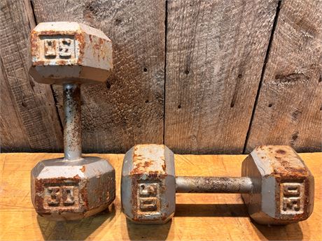 Pair of Vintage 30-lb Cast Iron Hex Dumbbells – 60 lbs Total