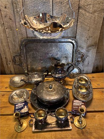 Vintage Wm. Rogers Silver Plate & Brass Tableware Collection with Cleaning Kits