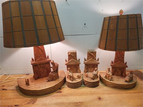 ​Quebecois Style Folk Art Hand-Carved Wood Hearth Scenes – Lamps & Bookends