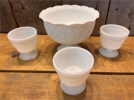 Vintage Milk Glass Pedestal Fruit Bowl & Footed Cup Set (4 Pieces)